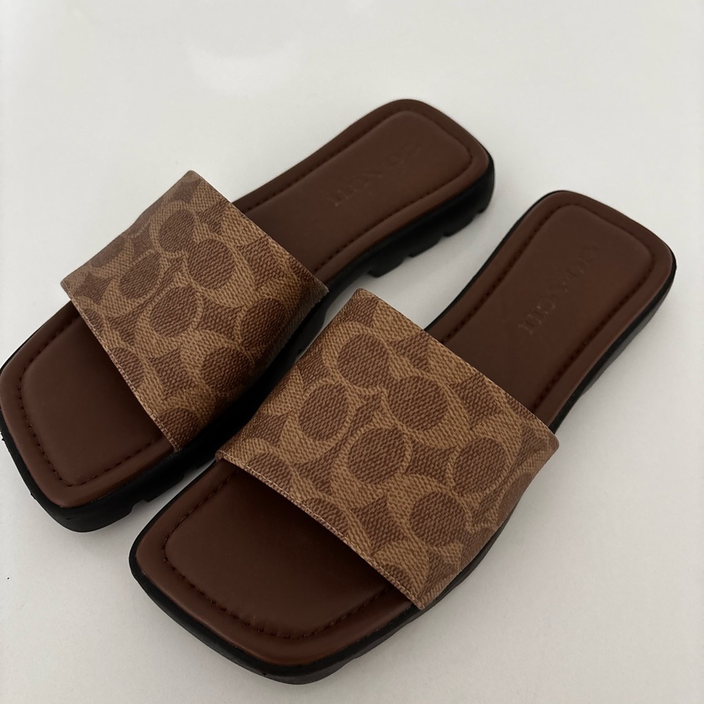 Coach Tan/ Brown Signature Slide Sandals